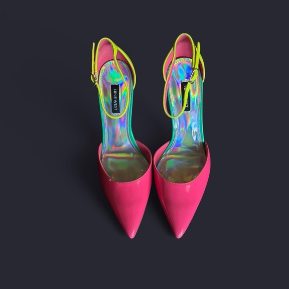 Nine West Patent Pointed-Toe Pumps in Hot Pink and Neon Yellow - Picture 5 of 7